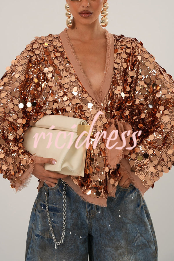 Fashion Sequined Long-sleeved V-neck Loose Lace-up Cardigan