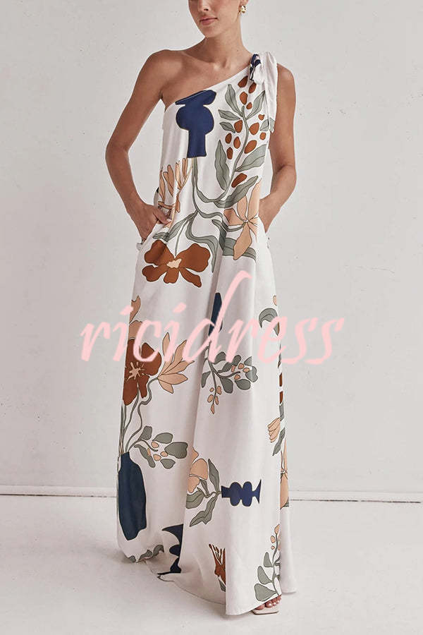 Matches The Vacation Unique Print One Shoulder Tie-up Pocketed Loose Maxi Dress