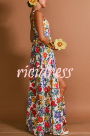 Garden Wedding Floral Print Back Tie-up Pocketed Slit Maxi Dress