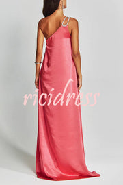 Charming Glance Satin Metal Hardware One Shoulder Loose Maxi Dress