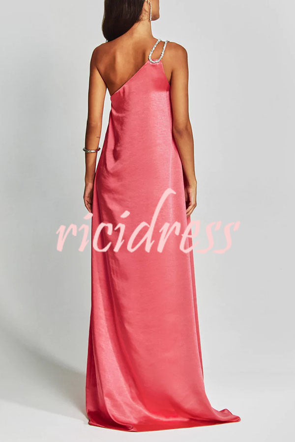 Charming Glance Satin Metal Hardware One Shoulder Loose Maxi Dress