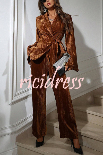 Solid Color Velvet Pleated Long-sleeved Tie Top and Casual Pocket Straight-leg Pants Set