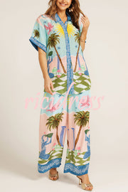 Summer Vacation Printed Short-sleeved Loose Shirt and Elastic Waist Pocket Pants Set