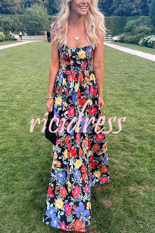 Garden Wedding Floral Print Back Tie-up Pocketed Slit Maxi Dress