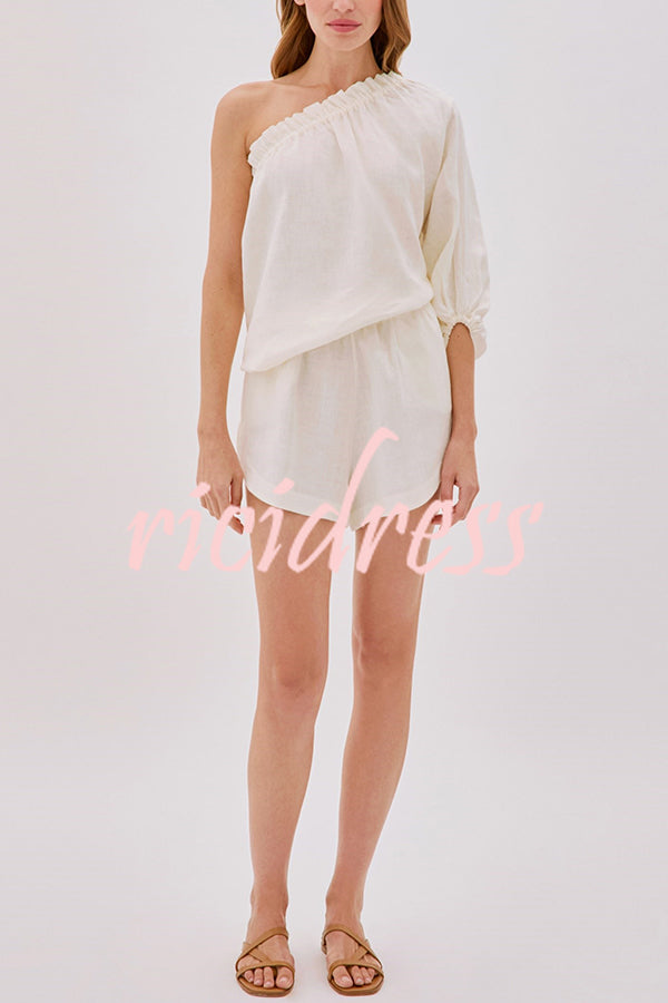 Chasing Comfort Linen Blend One Shoulder Top and Elastic Waist Pocket Shorts Set