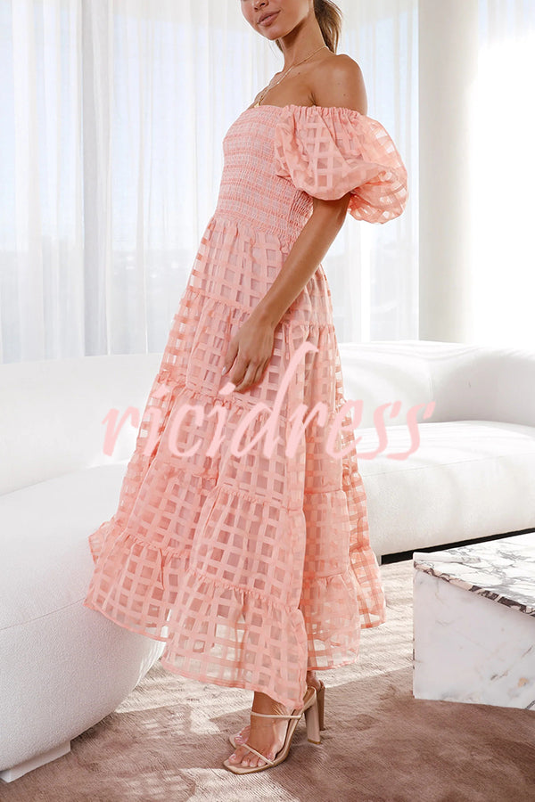 Solid Color Off-shoulder Lantern Sleeve Patchwork Midi Dress