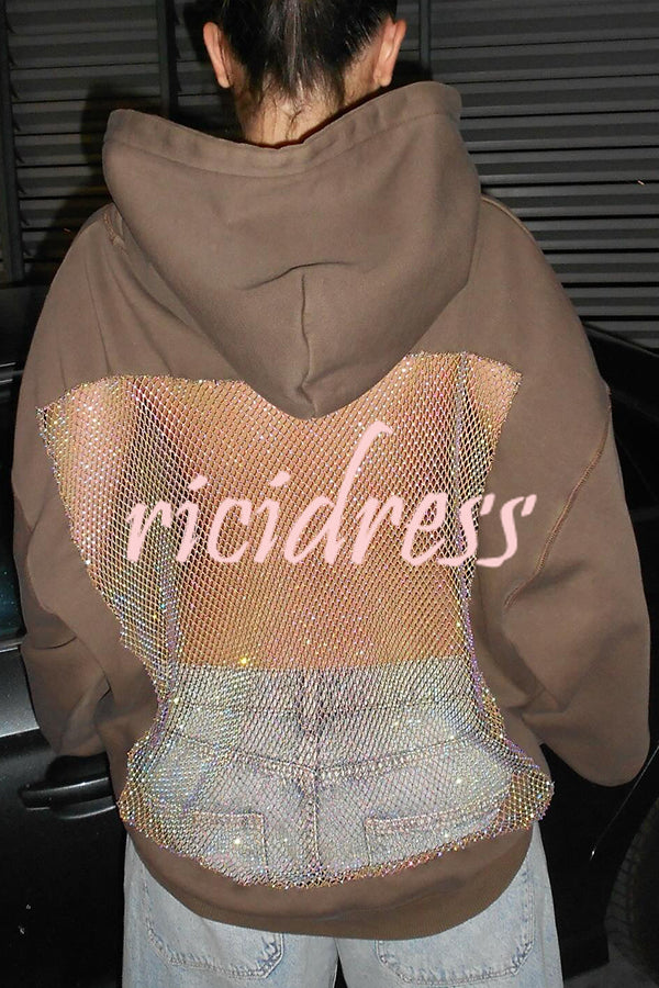Fashionable Shiny Mesh Hollow Back Loose Long-sleeved Hooded Sweatshirt