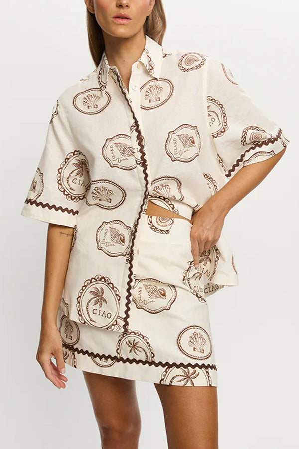 Resort Style Print Lapel Short Sleeve Shirt and Casual Mini Skirt Set