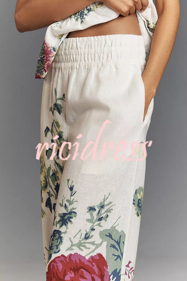 In To The Summer Linen Blend Floral Print Elastic Bandeau and Elastic Waist Pocket Loose Pants Set