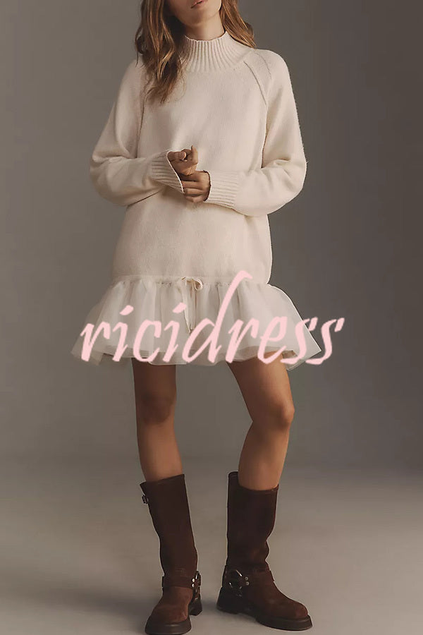 Holiday Cutie Knit Long Sleeve Turtleneck Tulle Twofer Mini Dress