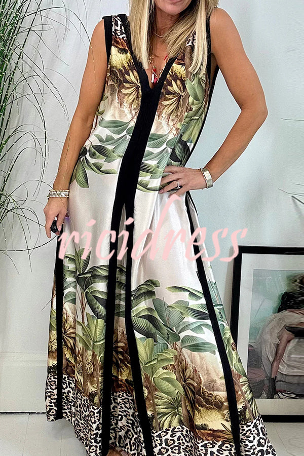Vanna Unique Tropical Print Black Patchwork Detail A-line Maxi Dress