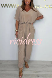 Solid Color V-neck Short-sleeved Waist-tied Loose Casual Jumpsuit