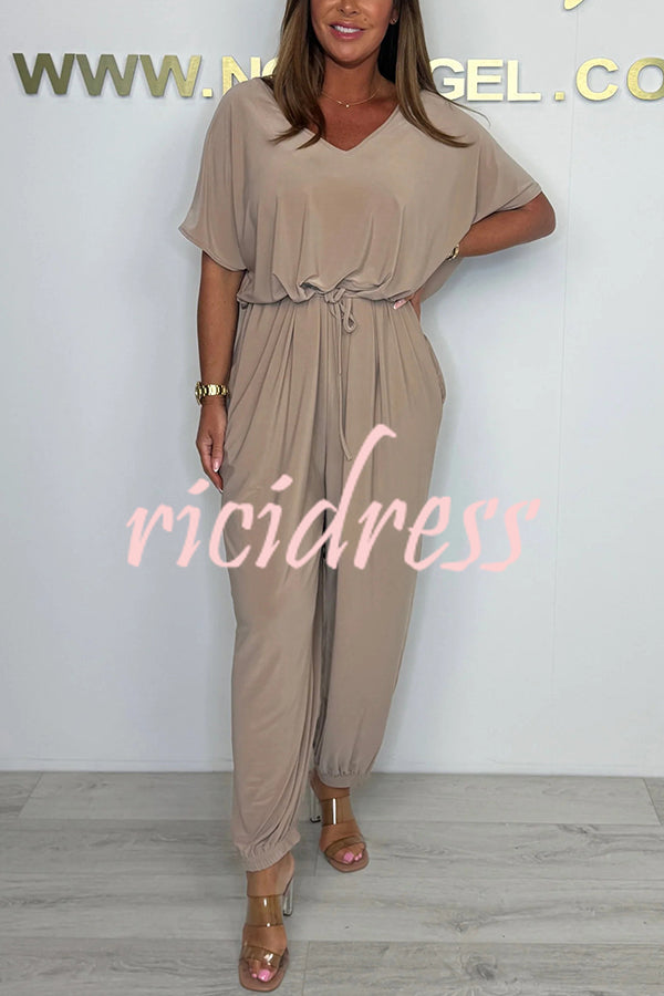 Solid Color V-neck Short-sleeved Waist-tied Loose Casual Jumpsuit