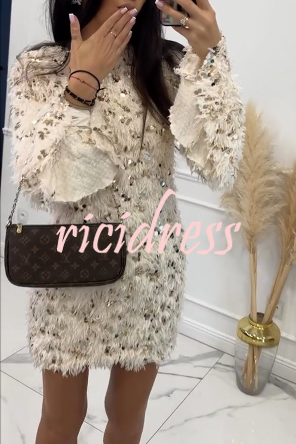 Twilight Ember Knit Sequin Tassels Wide Neck Long Bell Sleeve Mini Dress