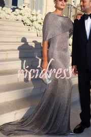 Fit and Elegance Fine Shimmering Fabric Open Cowl Back Draped Neckline Maxi Dress