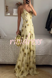 Sunset Glow Floral Print V-neck Thin Straps Flare Hem Maxi Dress