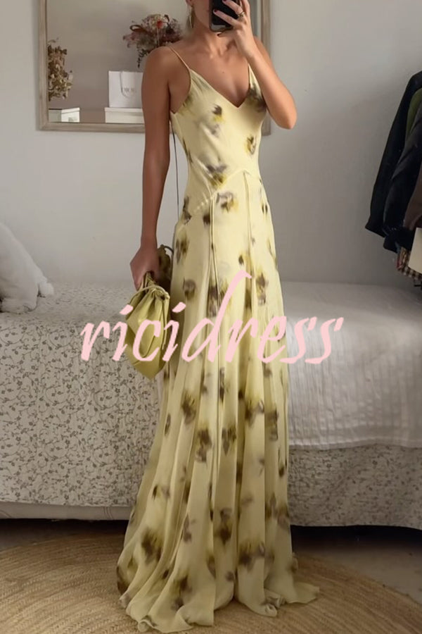 Sunset Glow Floral Print V-neck Thin Straps Flare Hem Maxi Dress