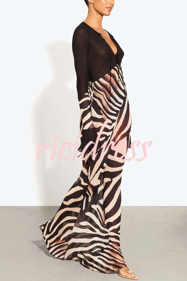 City Night Chiffon Colorblock Animal Print Tie-up Long Sleeve Maxi Dress