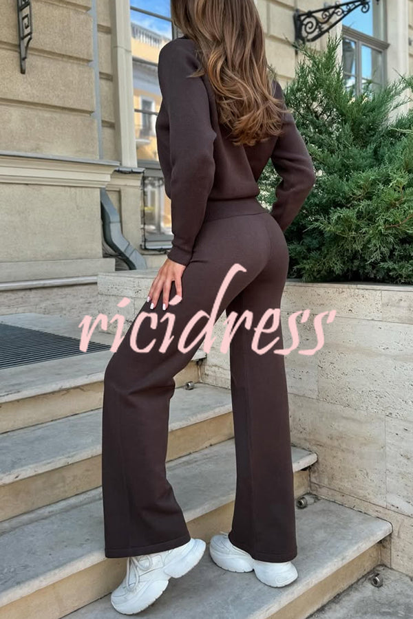 Cozycore Knit Zipper Long Sleeve Cardigan and Stretch Wide Leg Pants Set