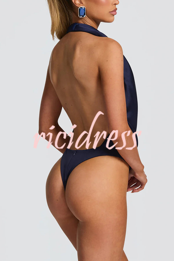 Lara Satin Halter Cowl Neck Bodysuit and Mid-rise Embellished Waistband Layered Hem Skort Set