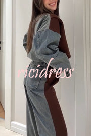 Sports Fashion Denim Patchwork Sweatshirt Fabric Zipper Long Sleeve Loose Jacket