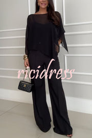 Vanie Chiffon Cape Batwing Sleeve Top and High Waist Pocket Wide Leg Pants Set
