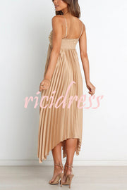 Solid Color Sexy Suspender Pleated Irregular Midi Dress