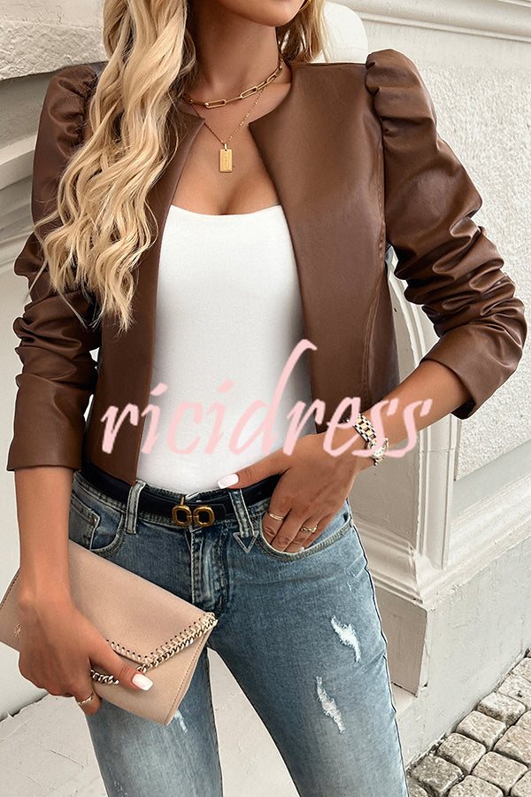 Yelissa Faux Leather Statement Long Sleeve Open Front Crop Jacket