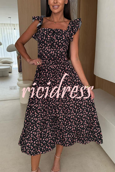 Floral Print Square Neck Pleated Back Midi Dress