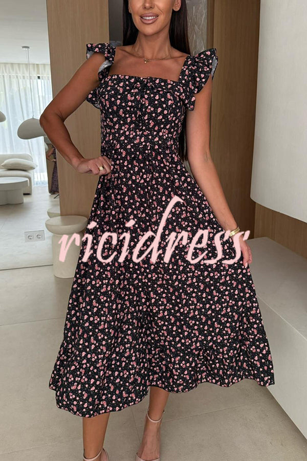 Floral Print Square Neck Pleated Back Midi Dress