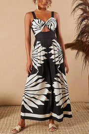 Unique Printed Open Back Pleated Casual Wide-leg Jumpsuit