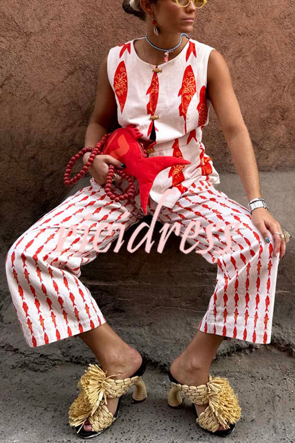 Good Luck Linen Blend Koi Pattern High Rise Elastic Waist Loose Pants