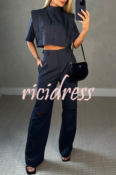 Super Chic Cargo Button Blouse and Pocketed Ripped Flare Pants Set