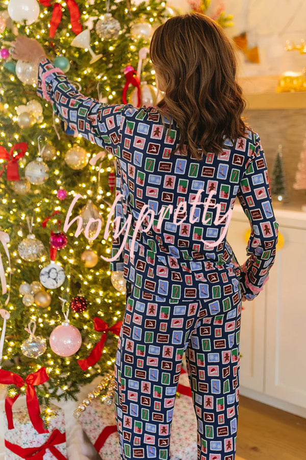 Postcards To Santa Unique Print Ruffles Trim Pocket Shirt and Elastic Waist Pajama Set