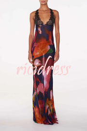 Rosalinda Abstract Floral Print Lace Patchwork Back Lace-up Maxi Dress
