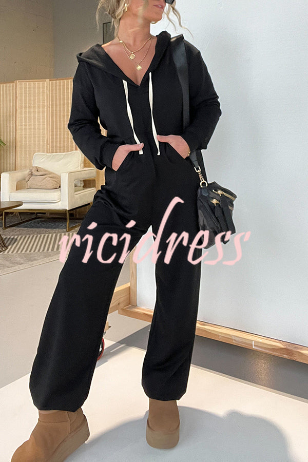 Cozy Days Long Sleeve Pocket Hooded Drawstring Jumpsuit