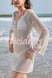 Solid Color Crochet Floral Long Sleeve Knit Hollow Cover-up Mini Dress