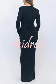 Solid Color Shiny Sexy V-neck Long Sleeve Ribbon Slit Slim Fit Maxi Dress