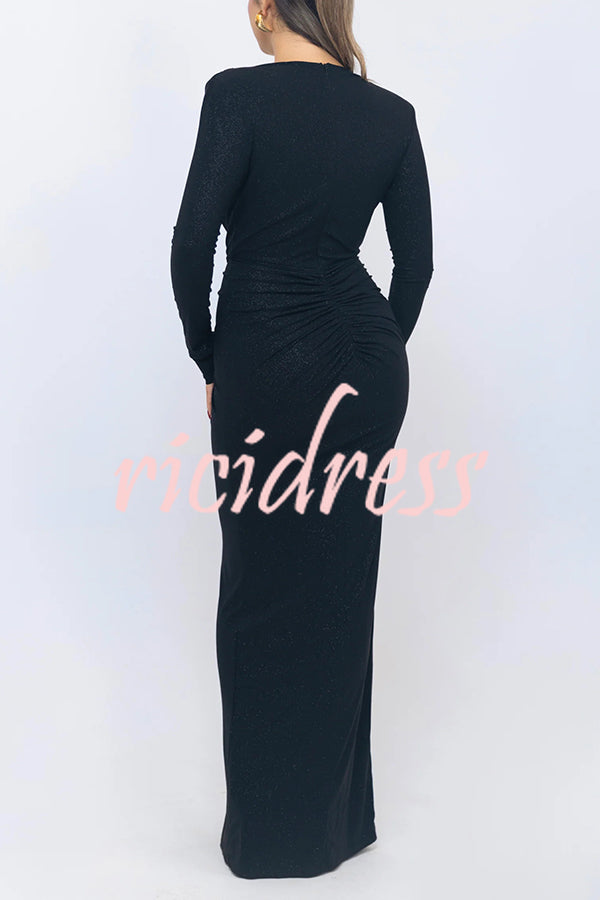 Solid Color Shiny Sexy V-neck Long Sleeve Ribbon Slit Slim Fit Maxi Dress