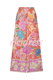 Painter's Garden Boho Floral Print  Elastic Waist Pocketed Wide Leg Pants