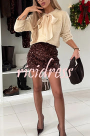 Polished Uptown Knit Tulle Bow Neck Button Up Long Sleeve Cardigan