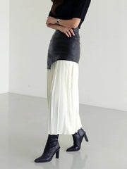 Fashionable Patchwork Contrast Color Pleated Midi Skirt