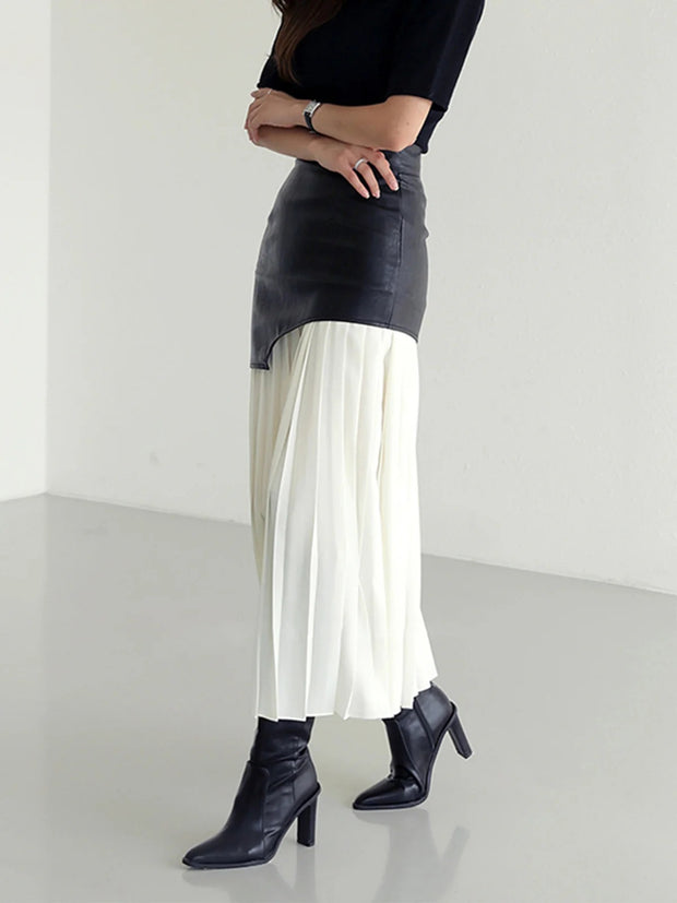 Fashionable Patchwork Contrast Color Pleated Midi Skirt