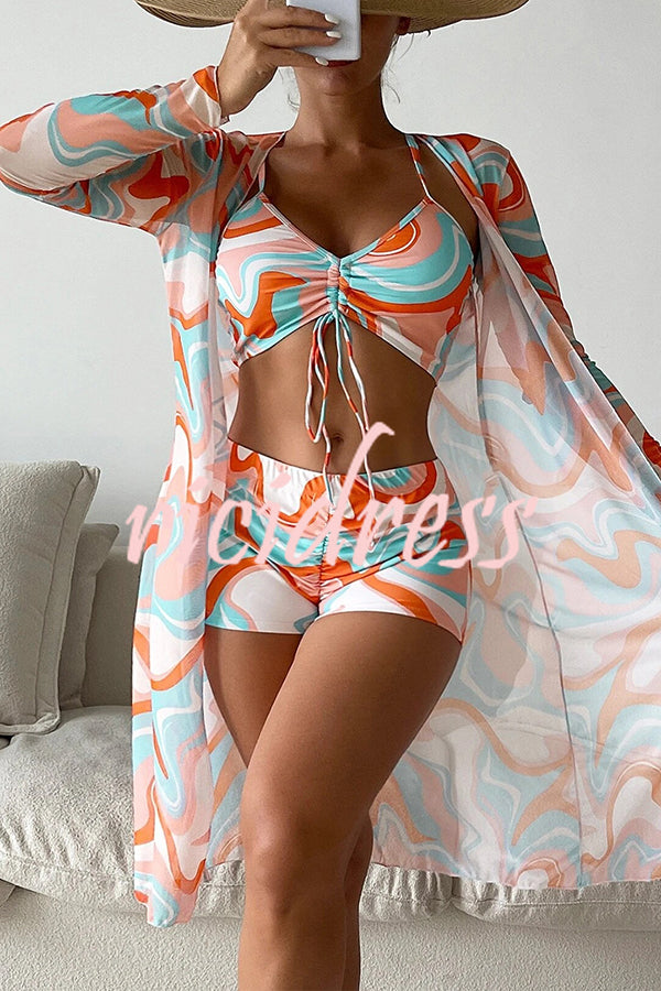 Unique Printed Paneled Lace Up Pleated Three Pieces Swimsuit Set