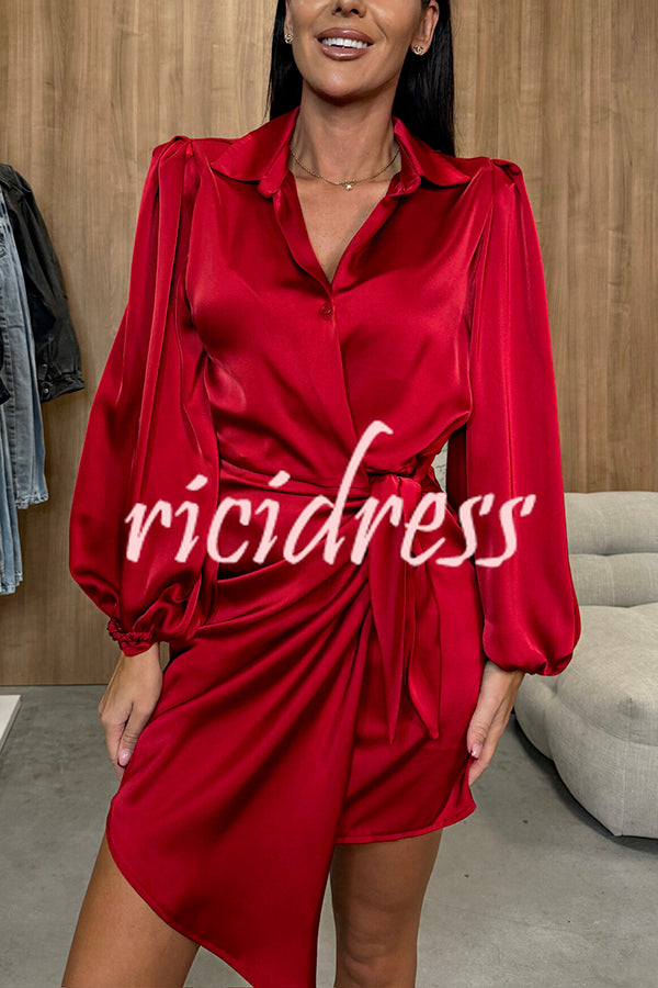 Solid Satin Long Sleeve Tie Waist Irregular Mini Dress