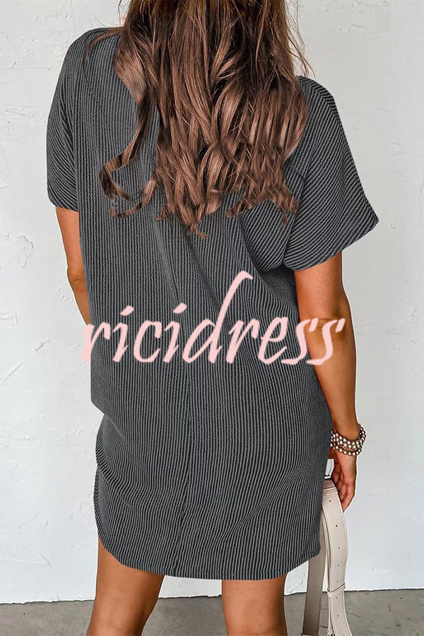 Casual Solid Color Striped Short-sleeved Pocket Mini Dress