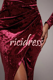 Solid Color Velvet Long-sleeved Slim-fit Slit Midi Dress