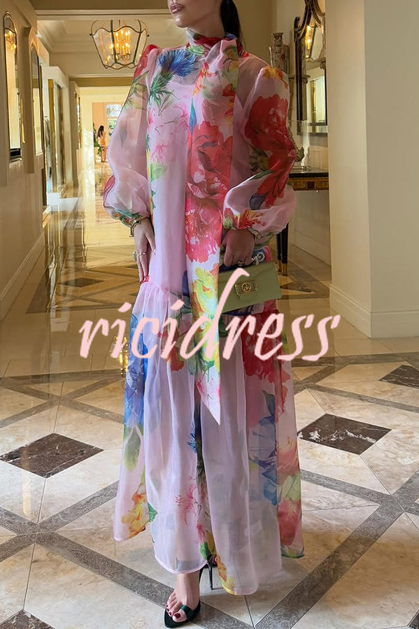 Garden Blooms Organza Floral Print Tie-up Neck Balloon Sleeve Loose Maxi Dress