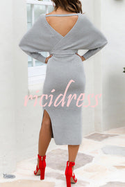 V Neck Dolman Sleeve High Waisted Lace Up Knit Midi Dress