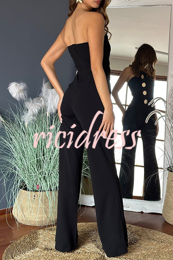 Solid Color Sexy Tube Top Gold Button Embellished Bootcut Jumpsuit